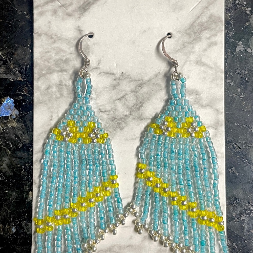 Blue and Yellow Beaded Fringe Earrings
